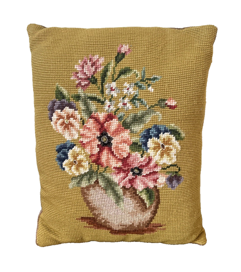 Vintage Floral Petit Point Needlepoint Pillow Green Velvet 14”x 10.5”